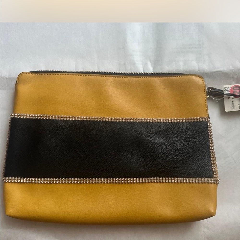 Kendall and Kylie Reworked Yellow and Black Clutch with Rhinestone Accents
